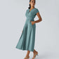 Solid Color Overlapping V-neck Short Sleeve Side Pocket Lace-up Quick-drying Mid-length Casual Dress