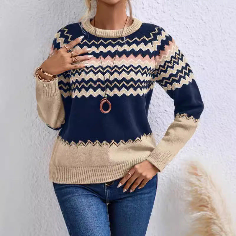 Pull à col rond pour femme, style européen et américain, tricot classique à rayures assorties