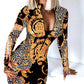 Long Sleeved V Neck Zipper Bag Hip Tight Dress Women's Clothing