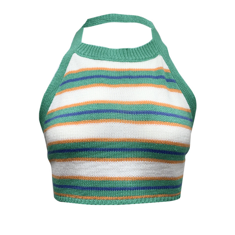 French Care Stripe Cropped Navel Halter Knit Tank Top