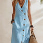Resort-style V-neck Sleeveless Asymmetrical-button Midi Dress