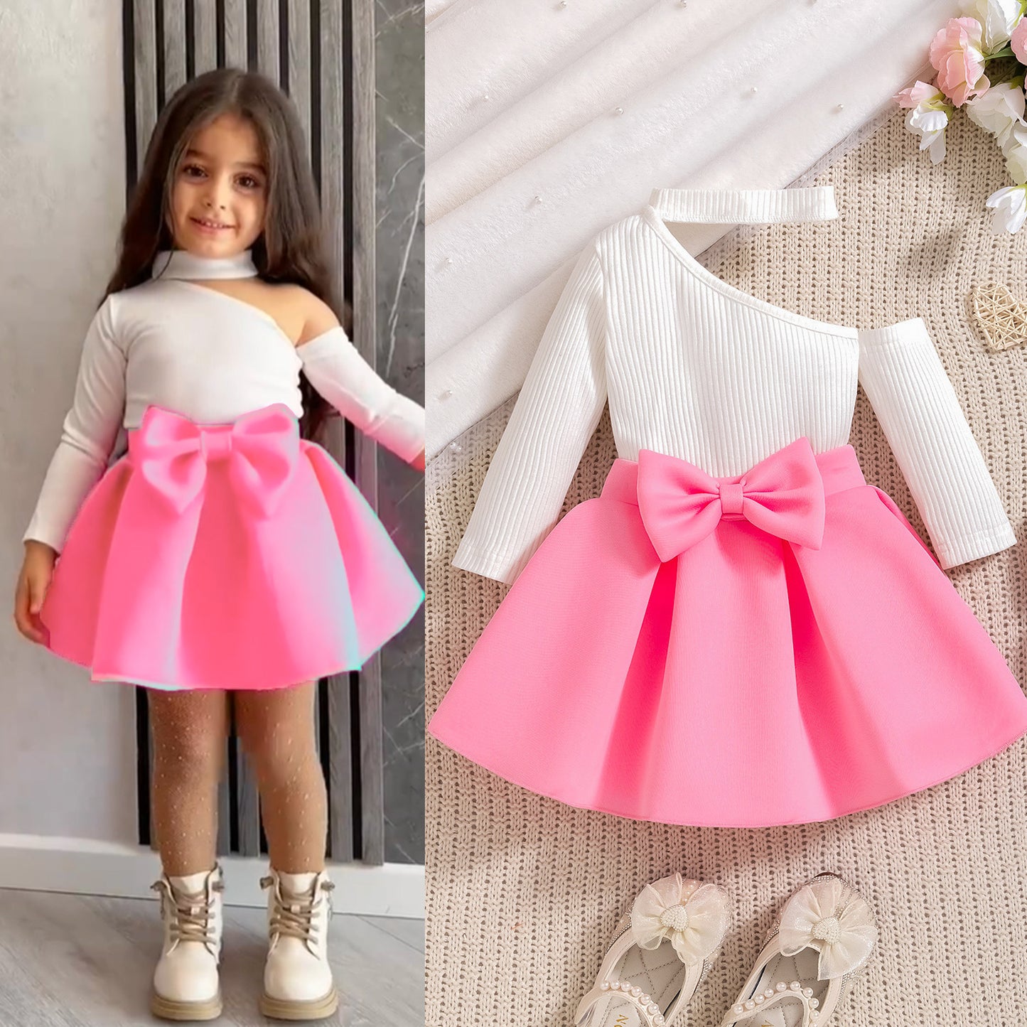 Bow Ruffled Dress Two-piece Set