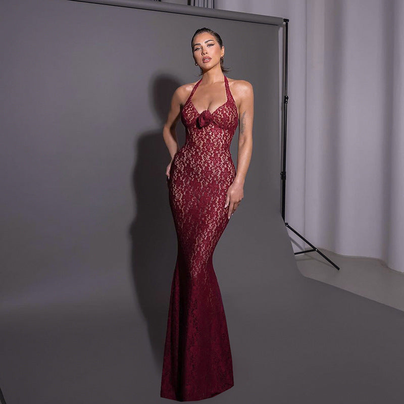 Burgundy Strap Lace Tight Dress
