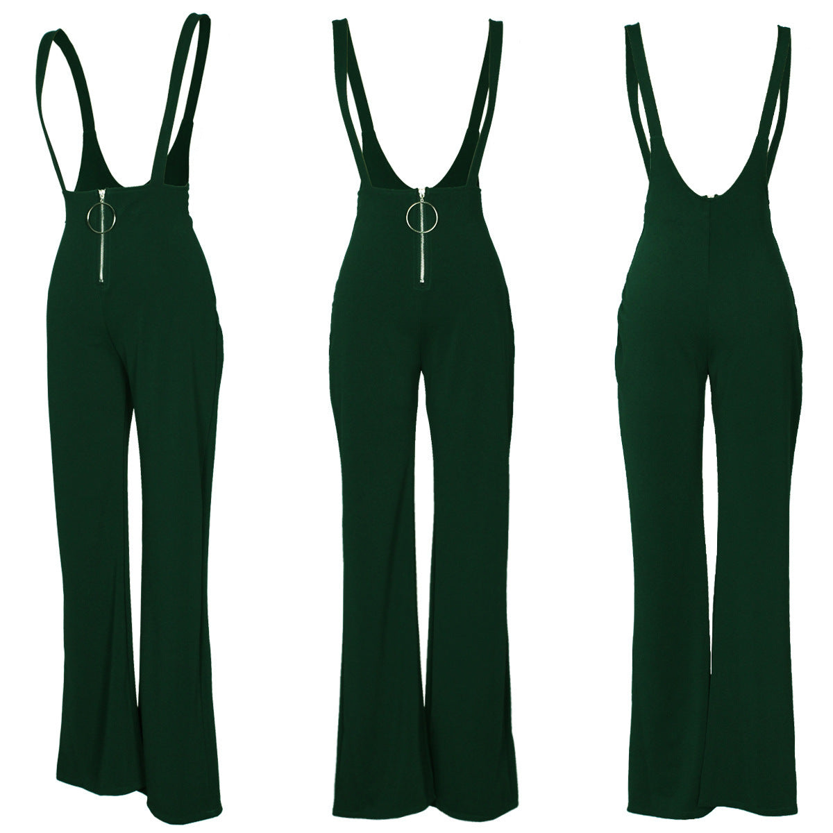 High Waist Big Round Button Zipper Flared Leg Suspenders