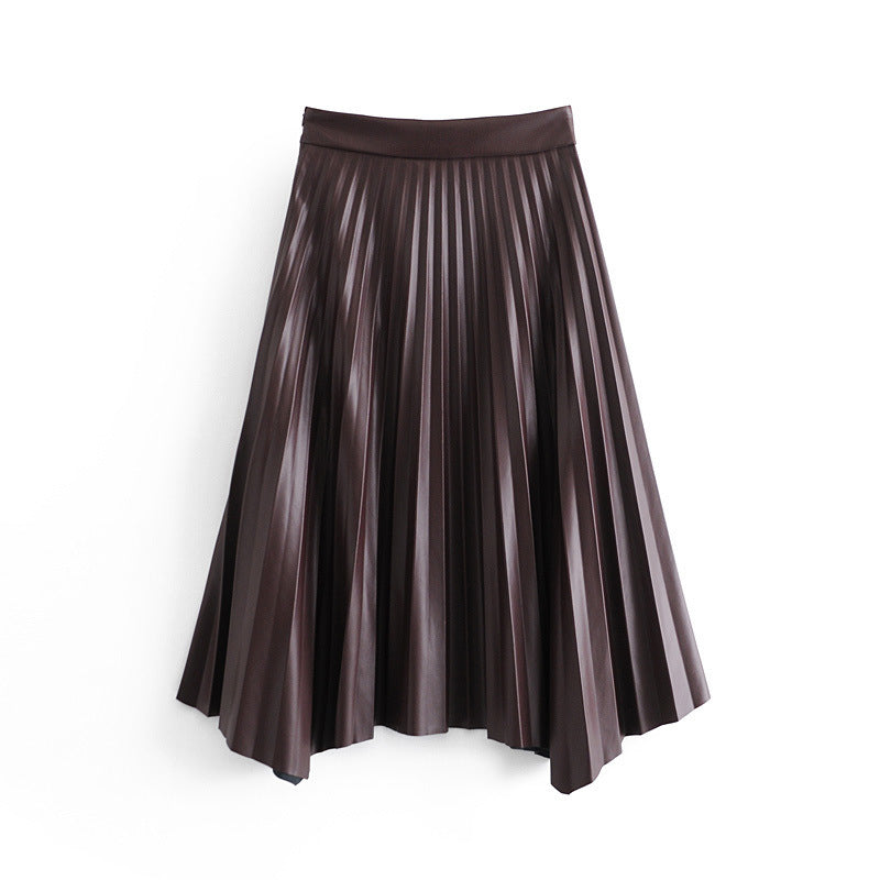 High Waist Pleated PU Leather Hem Irregular Skirt