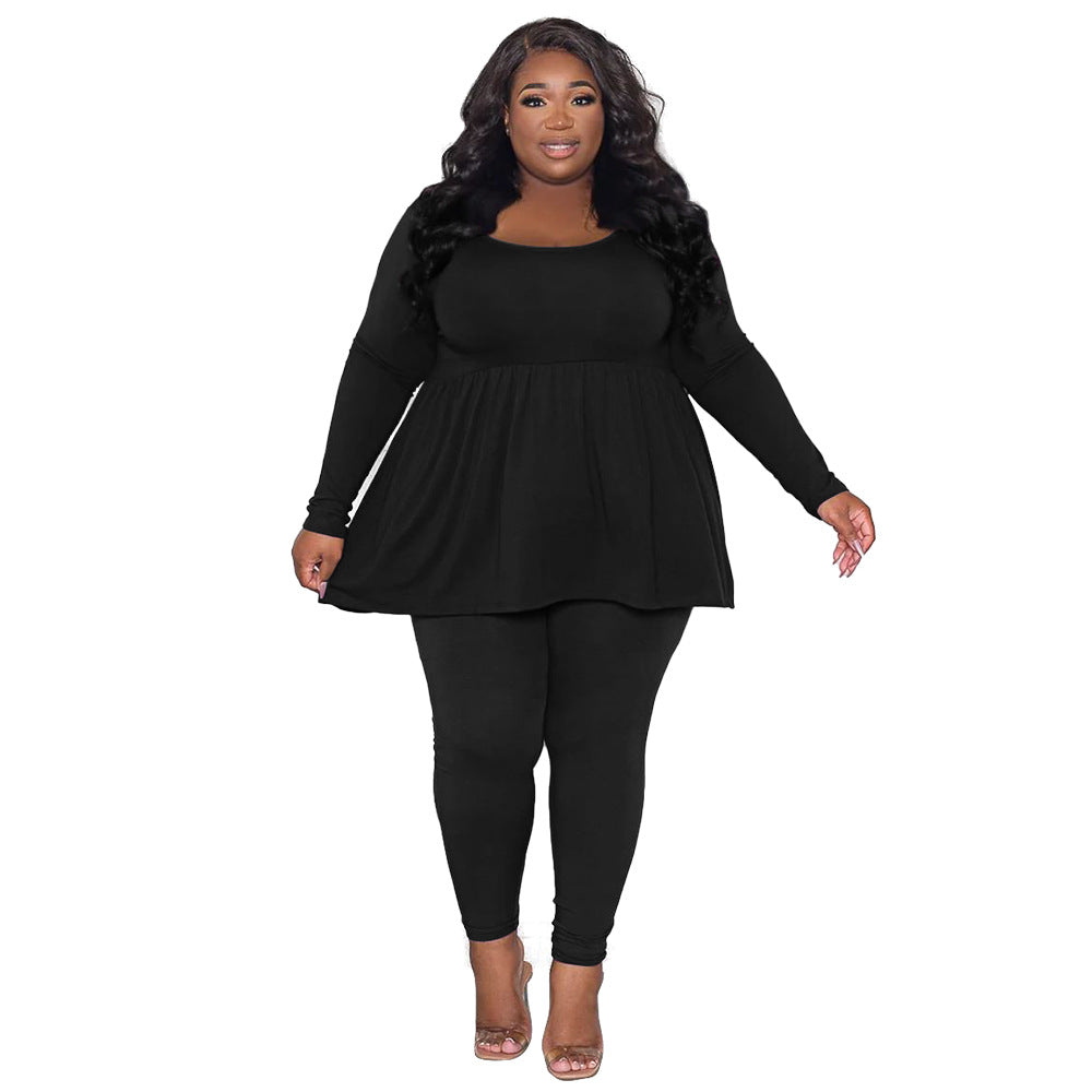 Women's Plus-Size Solid-Color Long-Sleeve T-Shirt Two-Piece Set