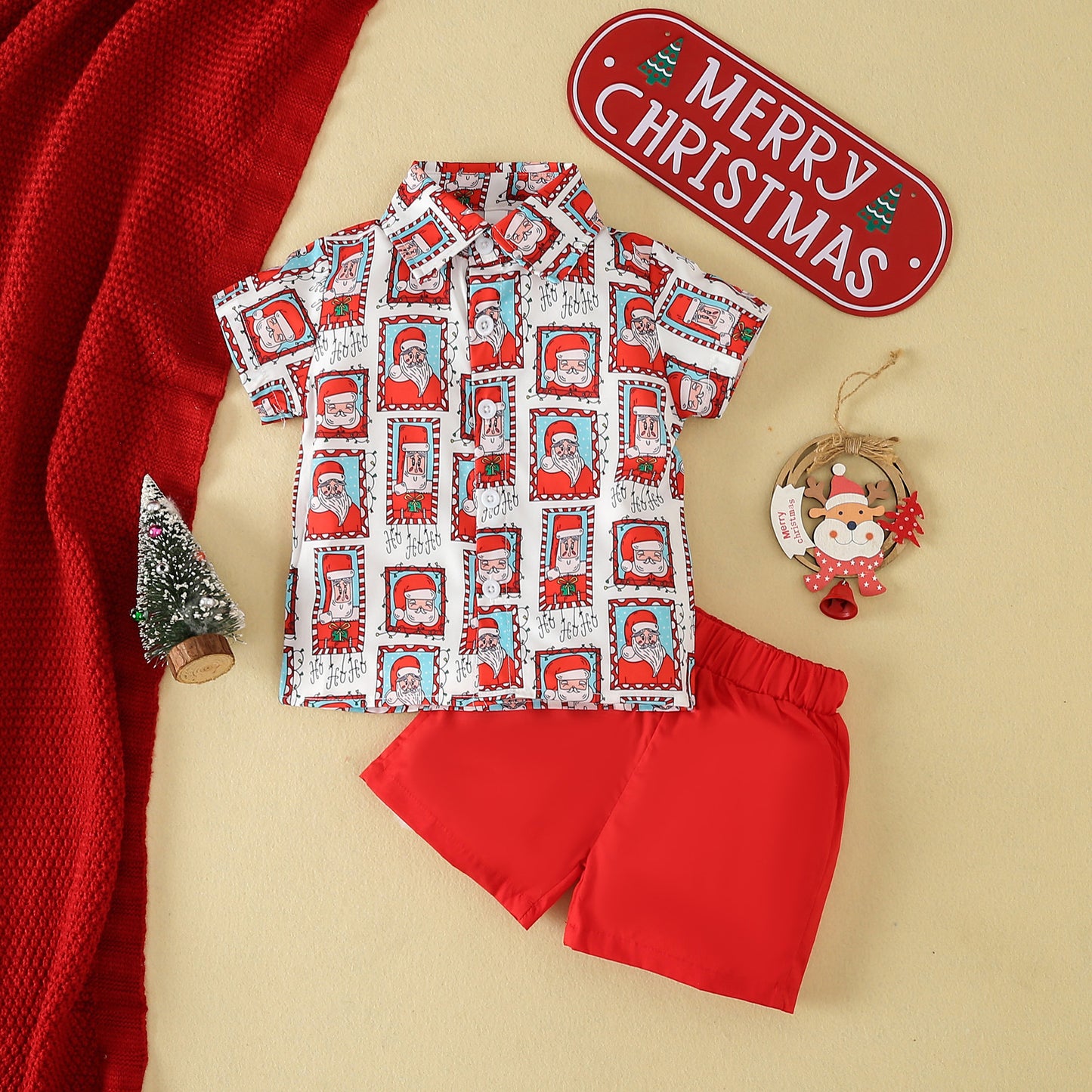 European And American Boys' New Short-sleeved Christmas Printed Shirt And Shorts Suit