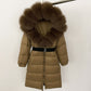 Women's Long Cinched Hoodie Real Fox Fur Collar Coat