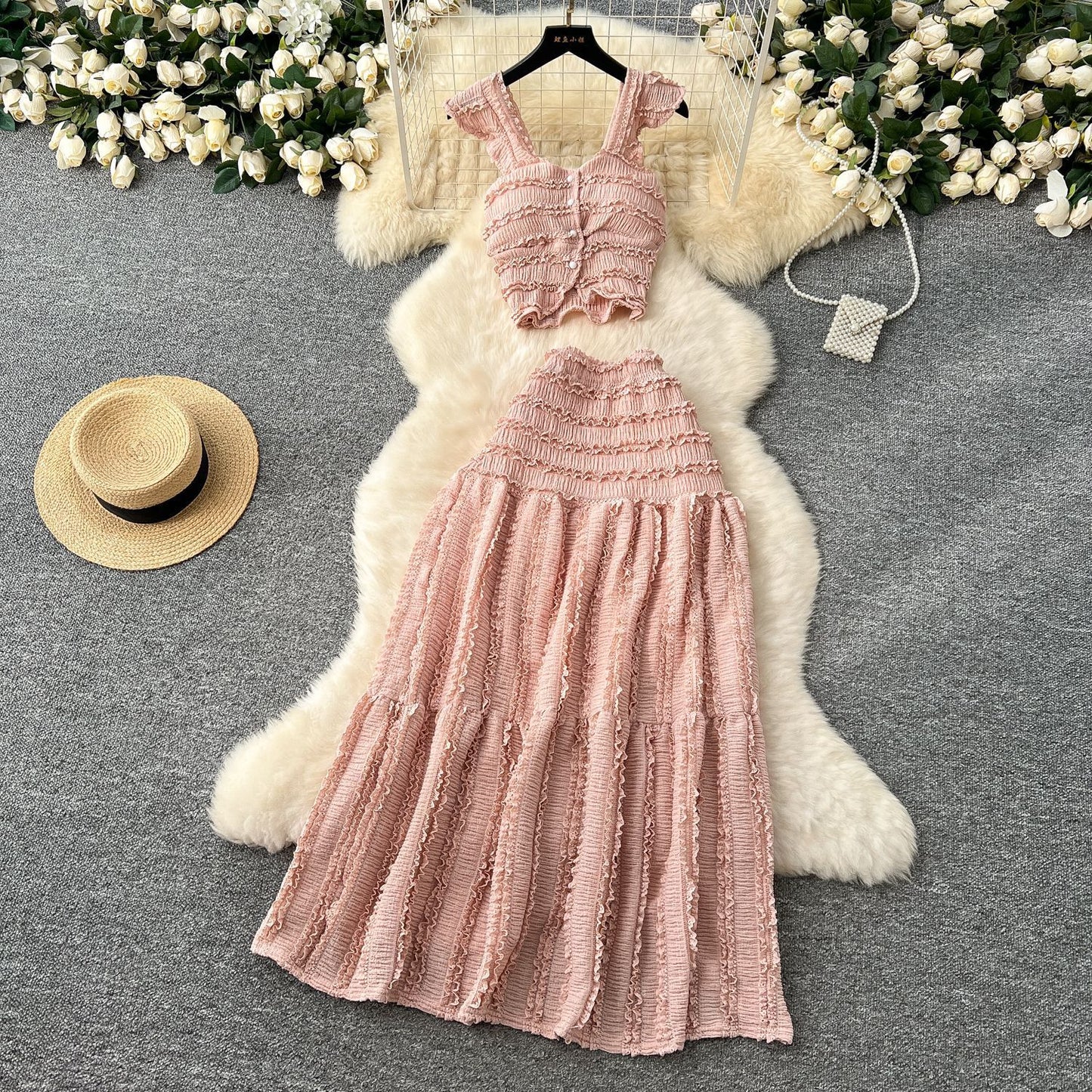 Suspender Top High Waist Crimp Skirt Two-piece Suit