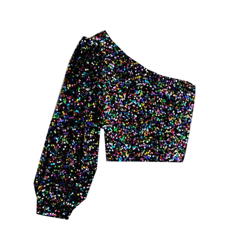 Slim-fit All-matching Short Glitter T-shirt Long Sleeve Top