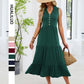 Spring Summer New Solid-Colored V-Neck Buttoned Sleeveless Long Pleated Dress