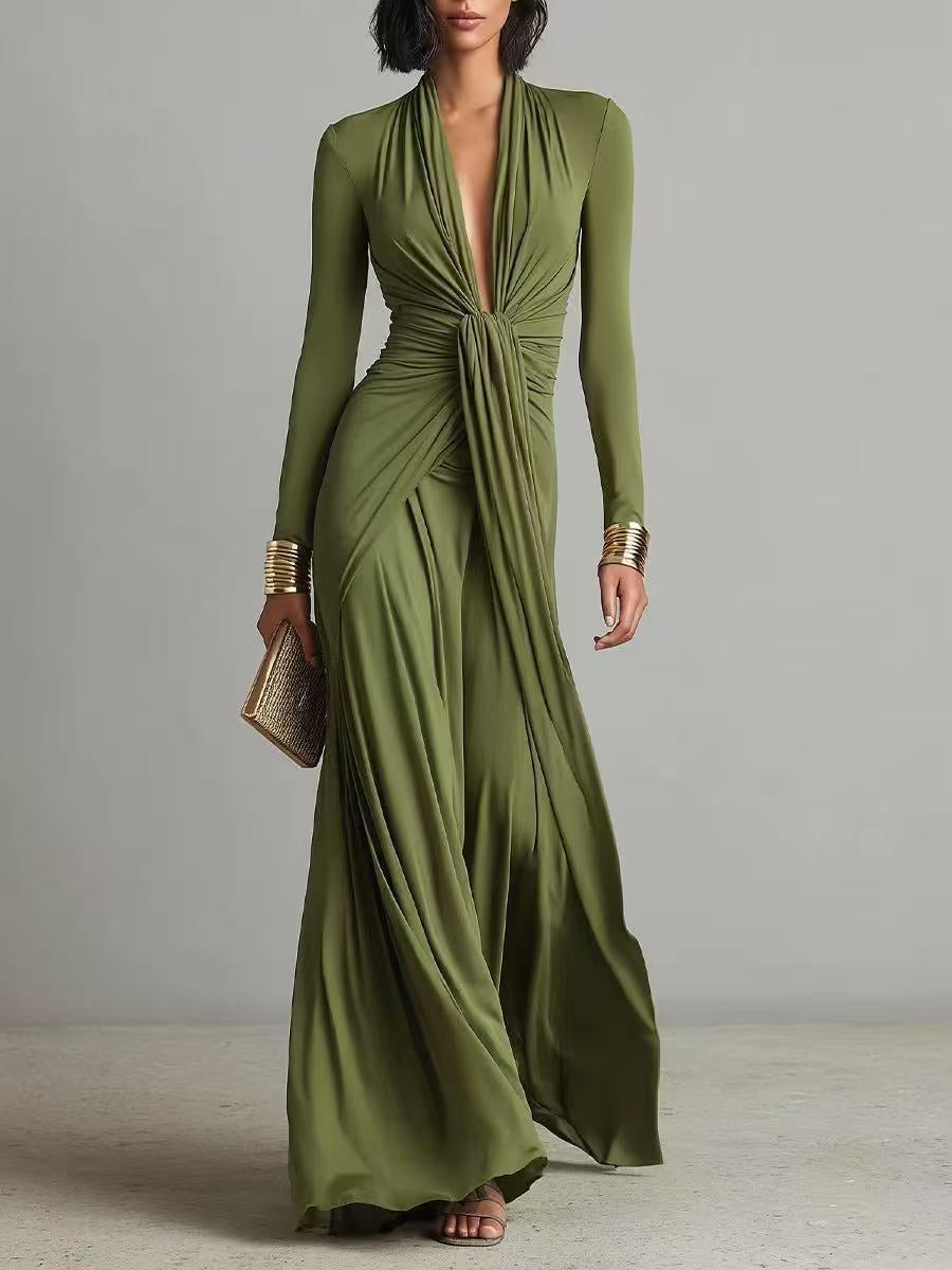 Solid-color Textured Long-sleeve Elegant French-style Dress