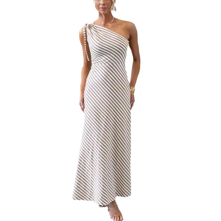 Robe rayée slim à une épaule et lacets pour femme