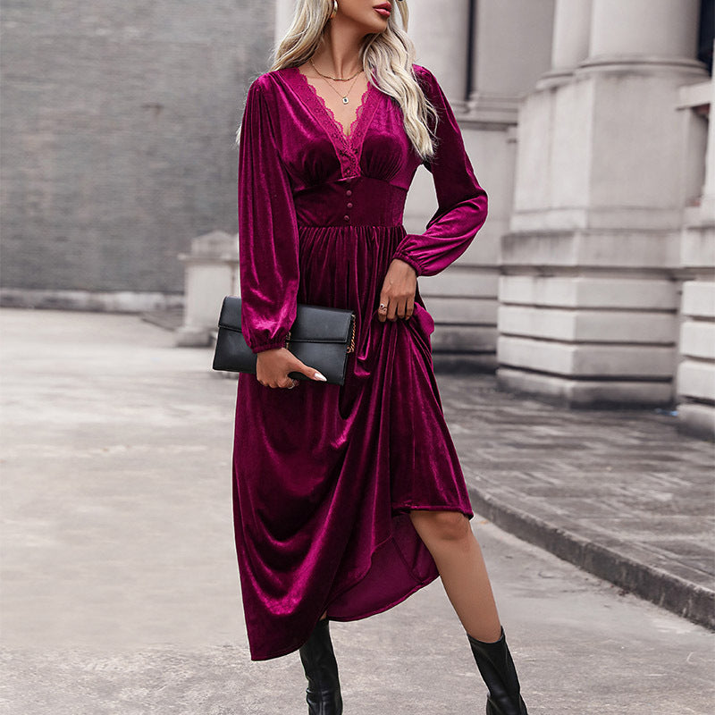 Robe longue en dentelle patchwork élégante en velours