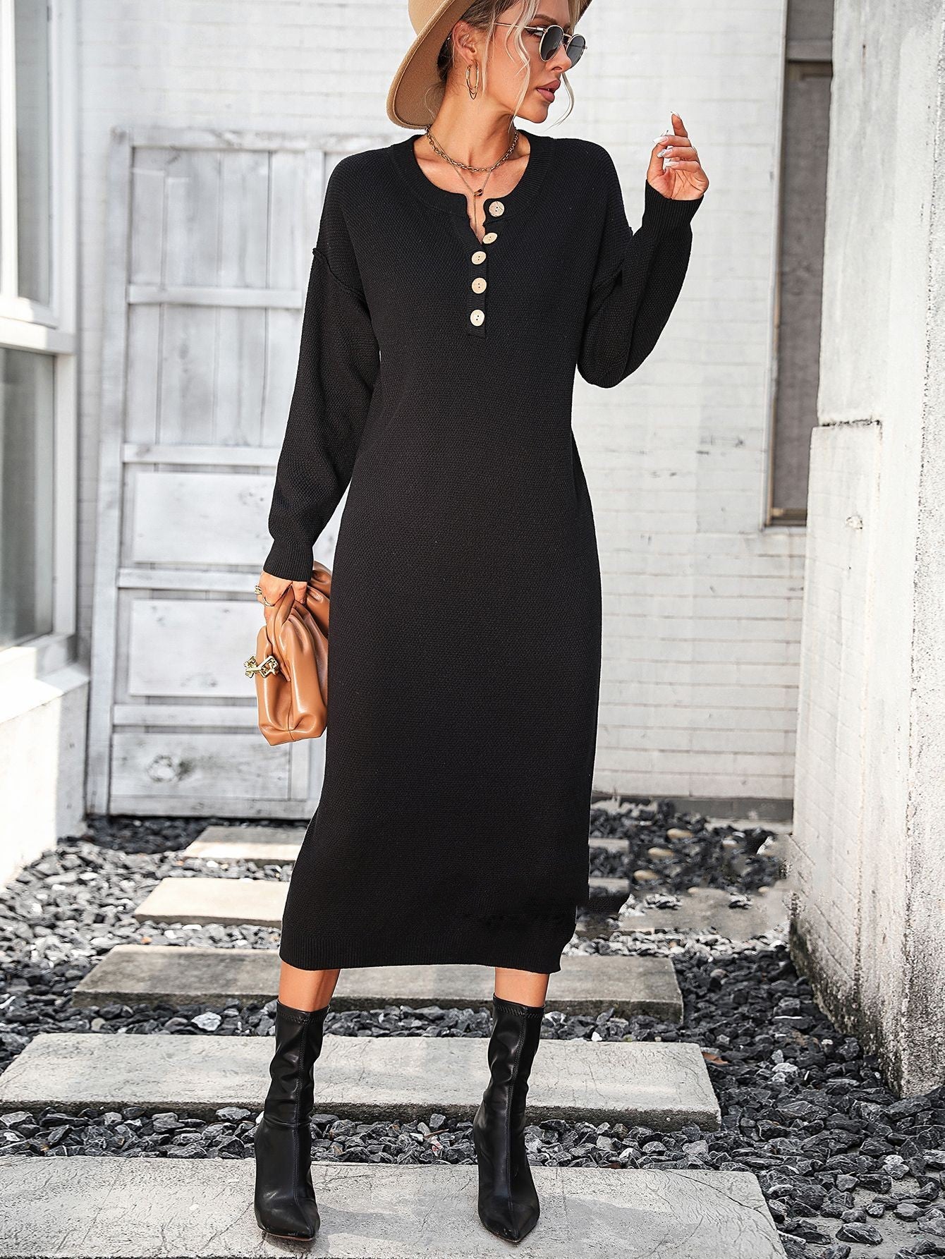European And American Button Knitwear Dress