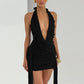 Fashionable Waterdrop-Decorated Ribbon Sexy Backless V-Neck Halter Bodycon Dress