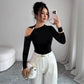 Asymmetric Collar One-side Off-the-shoulder Metal Decorative Slim Top