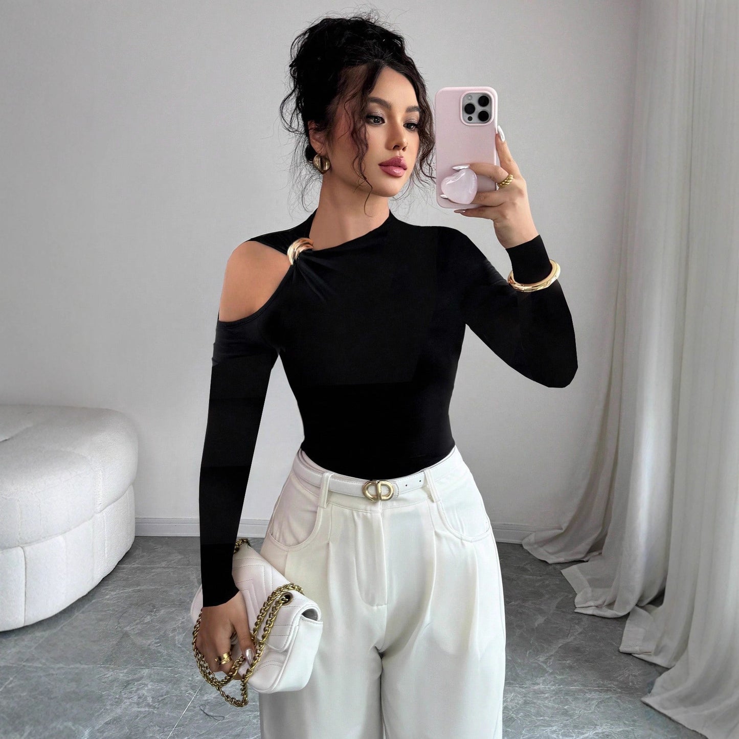 Asymmetric Collar One-side Off-the-shoulder Metal Decorative Slim Top