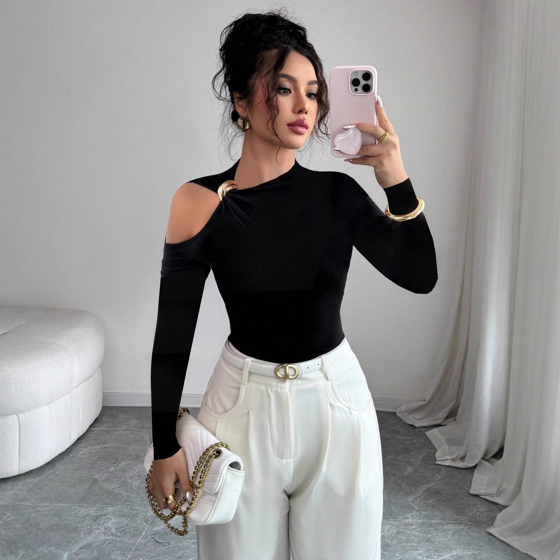 Asymmetric Collar One-side Off-the-shoulder Metal Decorative Slim Top