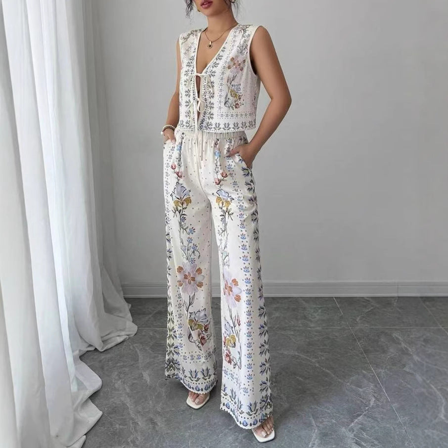 Fashionable Sexy Loose-fit Lace-up Vest Top With Wide-leg Trousers