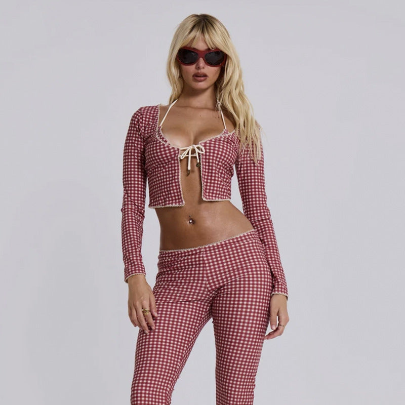 French Retro Slim-fit Plaid Long-sleeved Lace-up T-shirt Cardigan