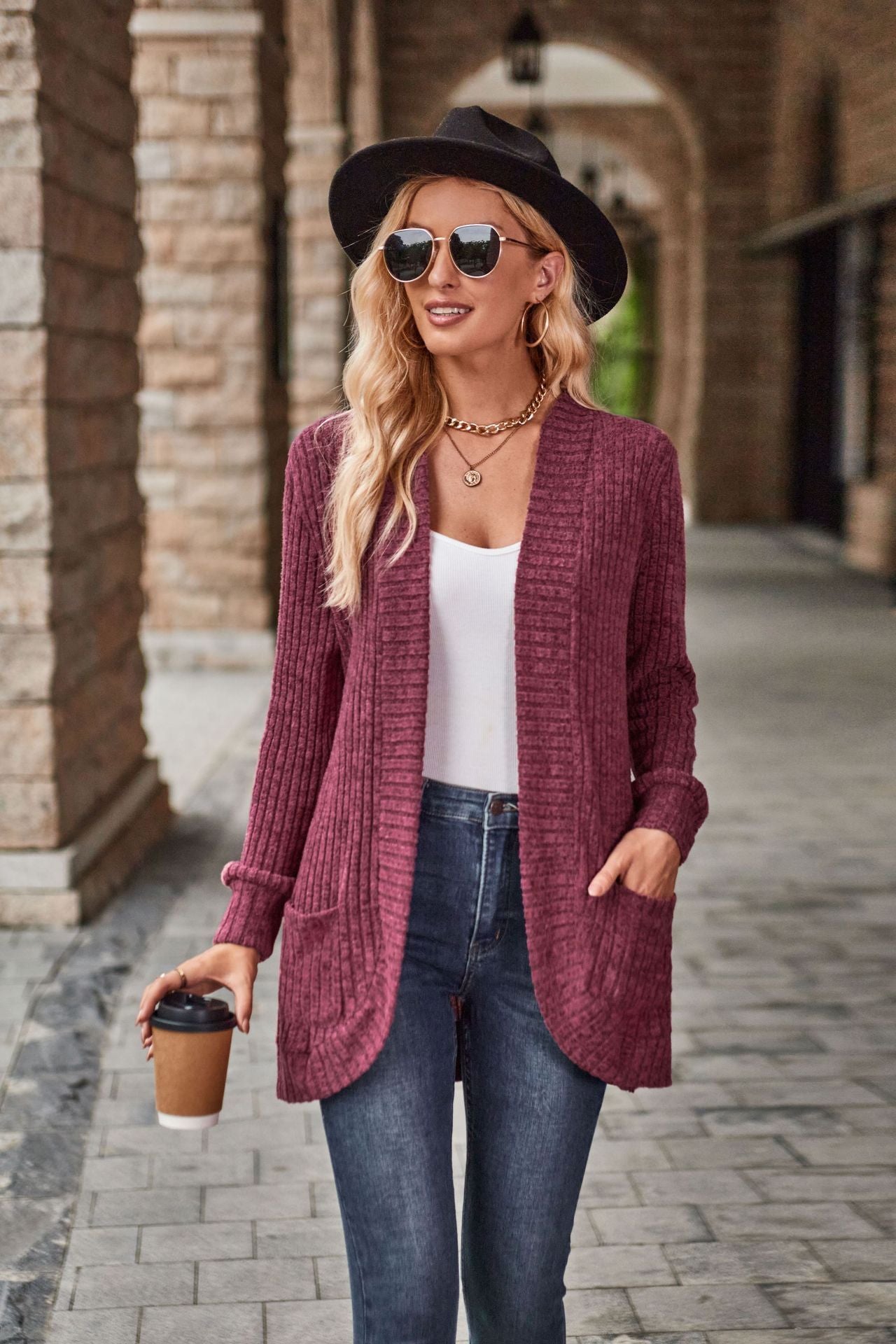 Women's Hollow Striped Brushed Cardigan Jacket