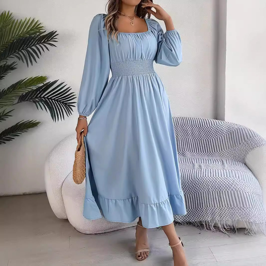 Elegant Casual Ruffled Solid Color Square Collar Large Swing Dress