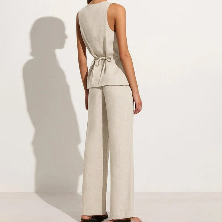 Cotton Linen Commuter Sleeveless Square Collar Lace Up Vest Jacket High Waist Wide Leg Pants Suit