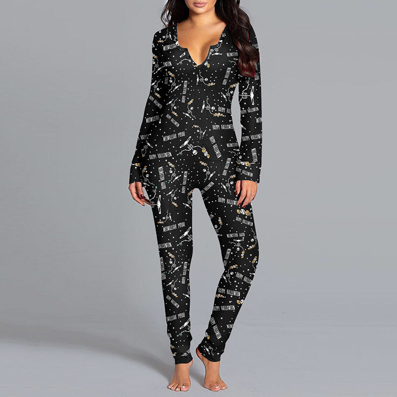 Combinaison imprimée Halloween à manches longues, pyjama pour la maison, pantalon décontracté, vêtements de cosplay pour femmes