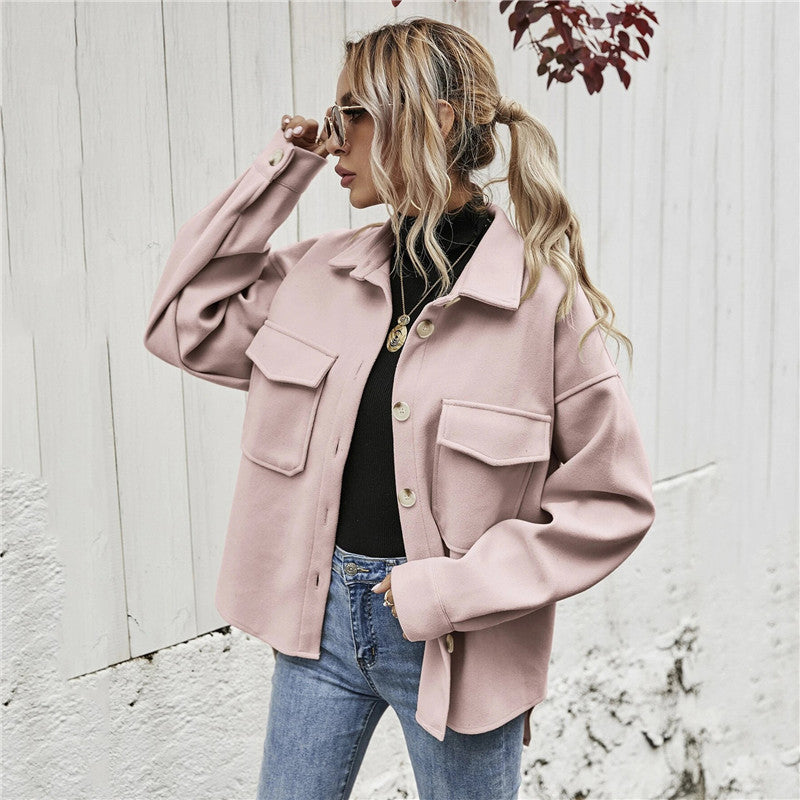 Lapel Single-breasted Thick Solid Color Shirt Woolen Coat