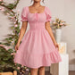 Pleated Ruffle A-line Dress With A Square Neckline And Short Sleeves