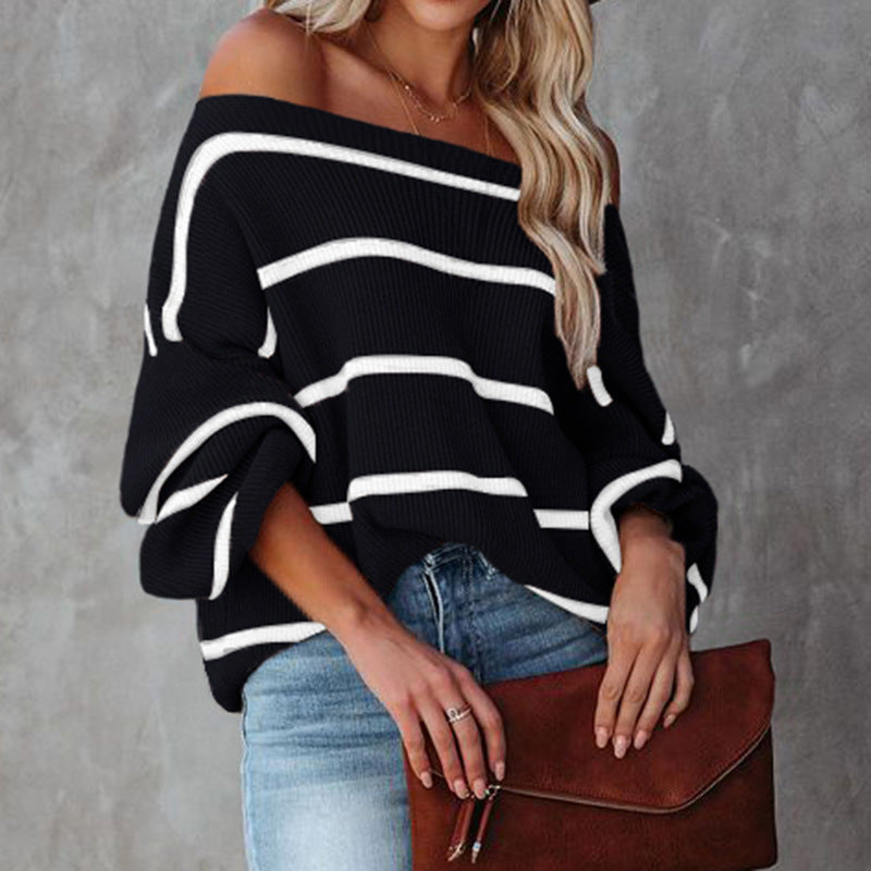Women's Fashion Striped Lantern Sleeve Knitted Shirt