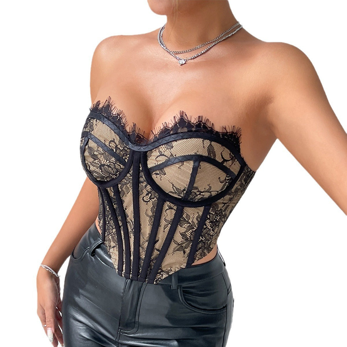Irregular Steel Ring Fishbone Lace Slim Backless Row Buckle Outerwear Tube Top