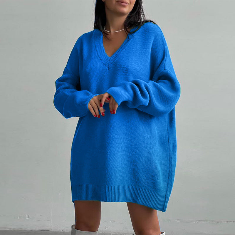 European And American Long-sleeved V-neck Casual Loose Knit Pullover