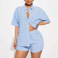 Women's Striped Lapel Short Sleeve Front Cardigan Button Elastic Shorts Suit