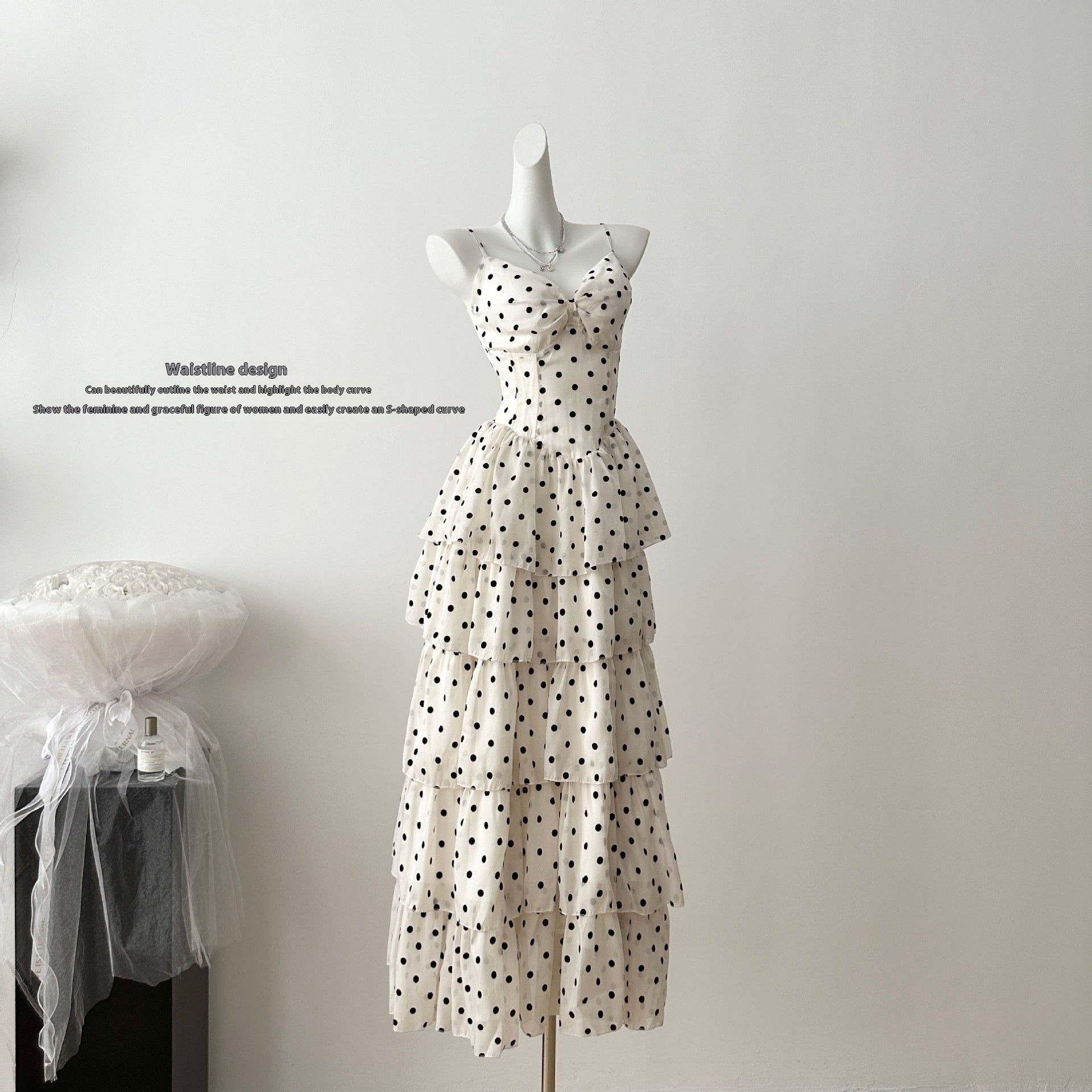 Vacation Gentle Polka-dot Cinched Slimming Sling Dress