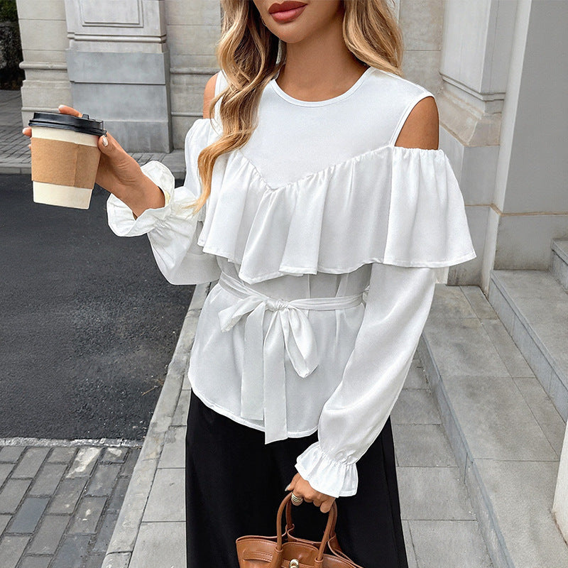 Women's Long-sleeved Ruffled Off-the-shoulder Lace-up Crew Neck Shirt