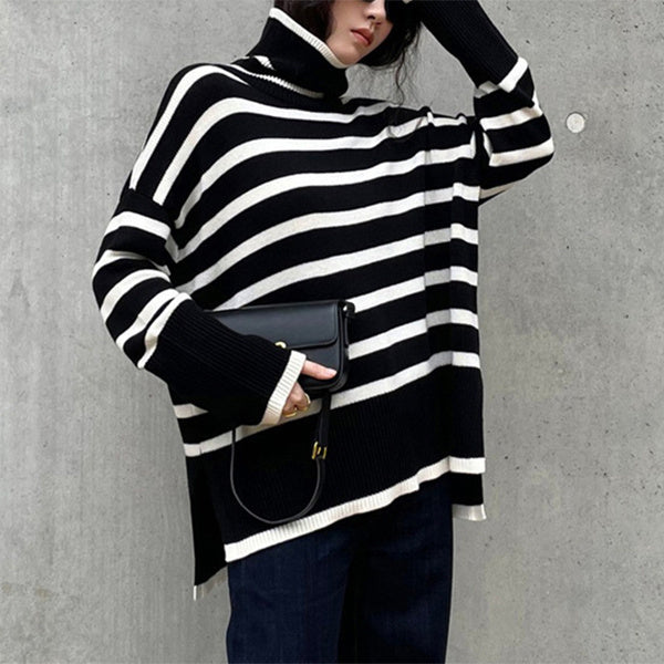 Pull à col roulé rayé tendance, décontracté, ample, fendu, design, hauts d'hiver, vêtements pour femmes