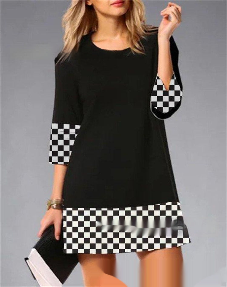 Women's Plaid Stitching Round Neck Slim Fit Dress