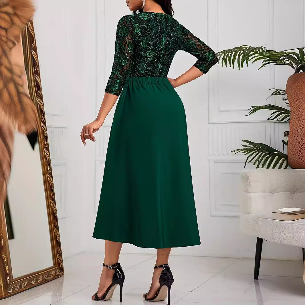 Women's Solid Color Lace Stitching Casual Dress