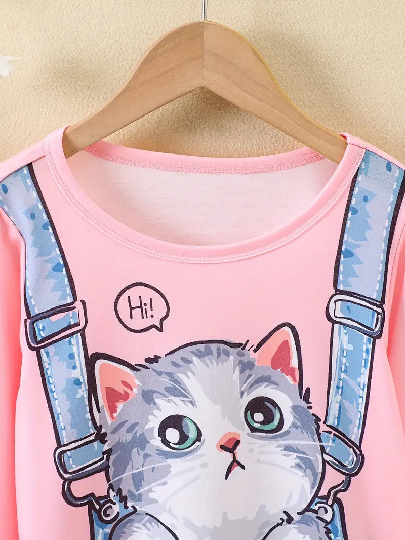 Haut à manches longues pour petite fille, motif chaton mignon, cadeau pour enfants, fête