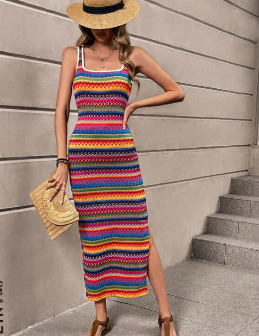Robe décontractée à rayures sans manches et col carré pour femme