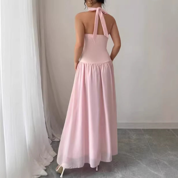 Solid-color Sleeveless Halter-neck Backless Dress For Women