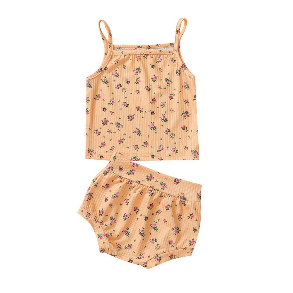 Girls Floral Pit Strip Sling Top Shorts Set