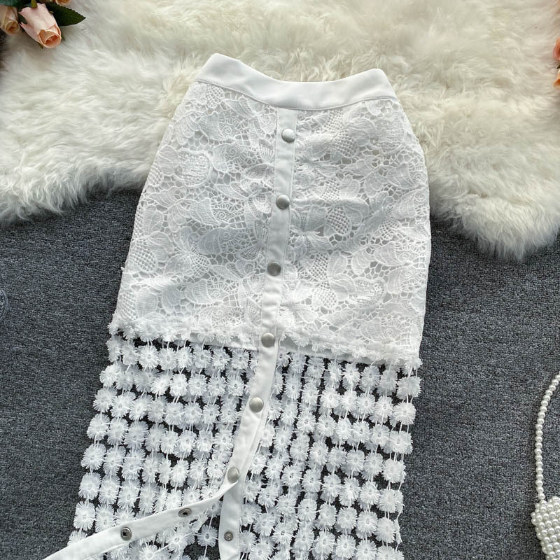 Black And White Hollow Outer Skirt Female Elegant Button Tempered Stickers Falda Party High-end Women's Clothing