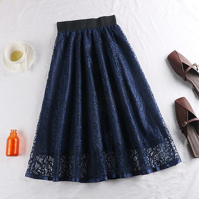 Spring And Summer Elastic High Waist Slimming Lace Crochet Hollow Large Swing A- Line Umbrella Skirt