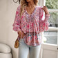 Bohemian Vacation Style Printed V-neck Lace-up Long Sleeve Top