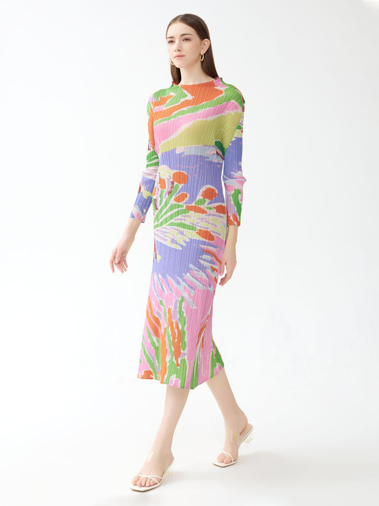 Robe imprimée décontractée à col rond et manches longues pour femme