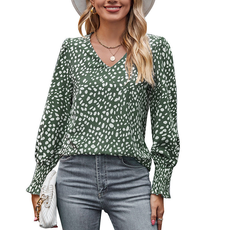 Chemise ample en mousseline imprimée à manches longues et col en V pour femme