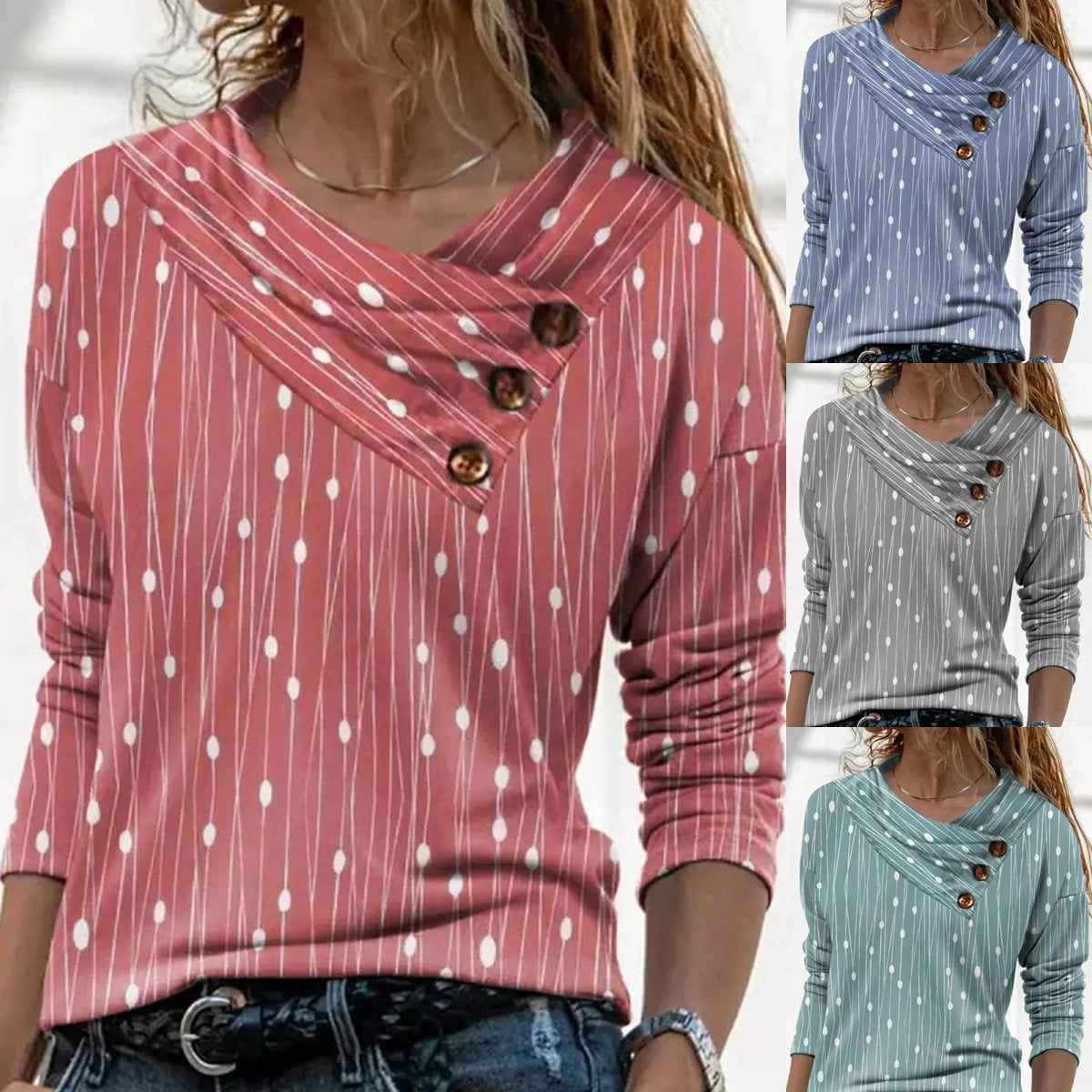 Women's Irregular Collar Printed Long Sleeve Top